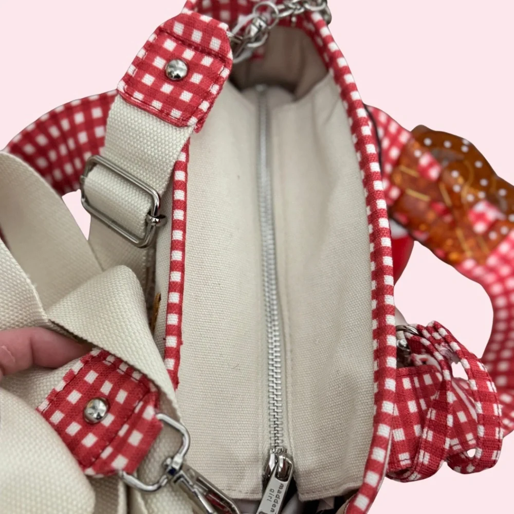 Summer Fair Madden Girl Mini Tote NWT Canvas Summer Red Gingham Cross Body Bag - Picture 9 of 12